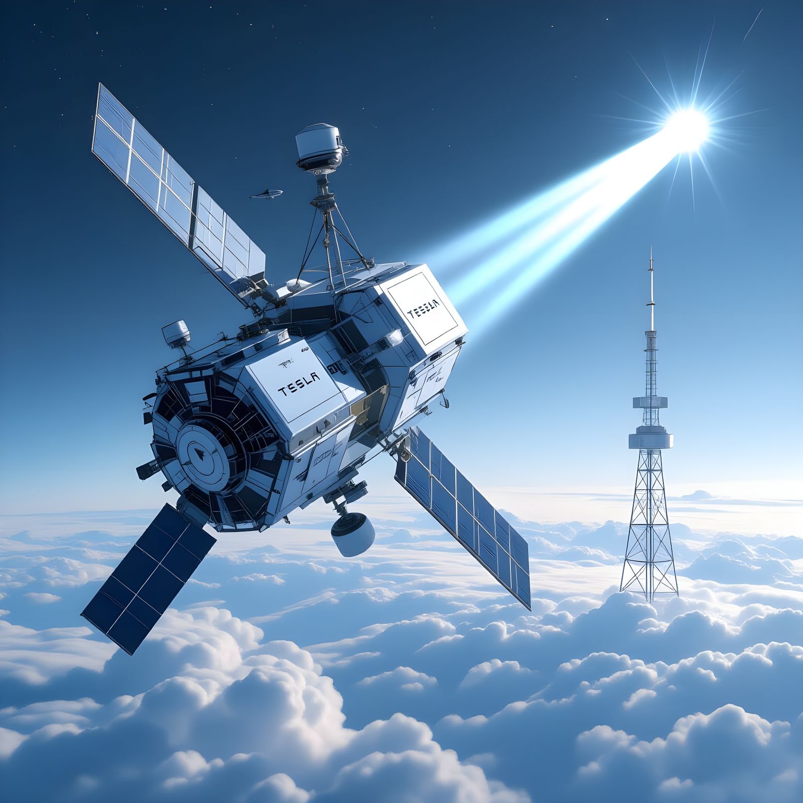 Futuristic Tesla Satellite in Low Earth Orbit