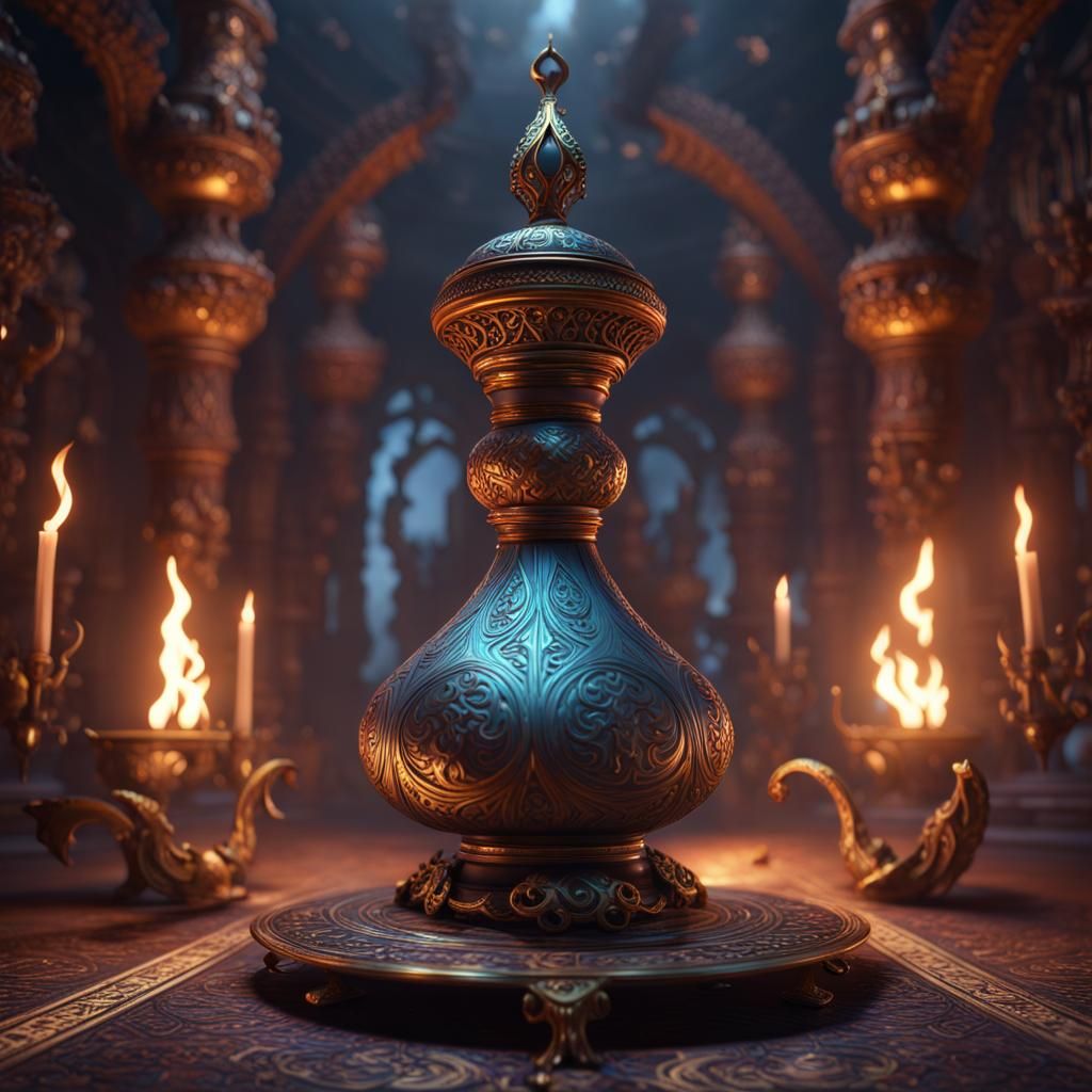 Evil Genie with Sword Emerging from Magic Lamp