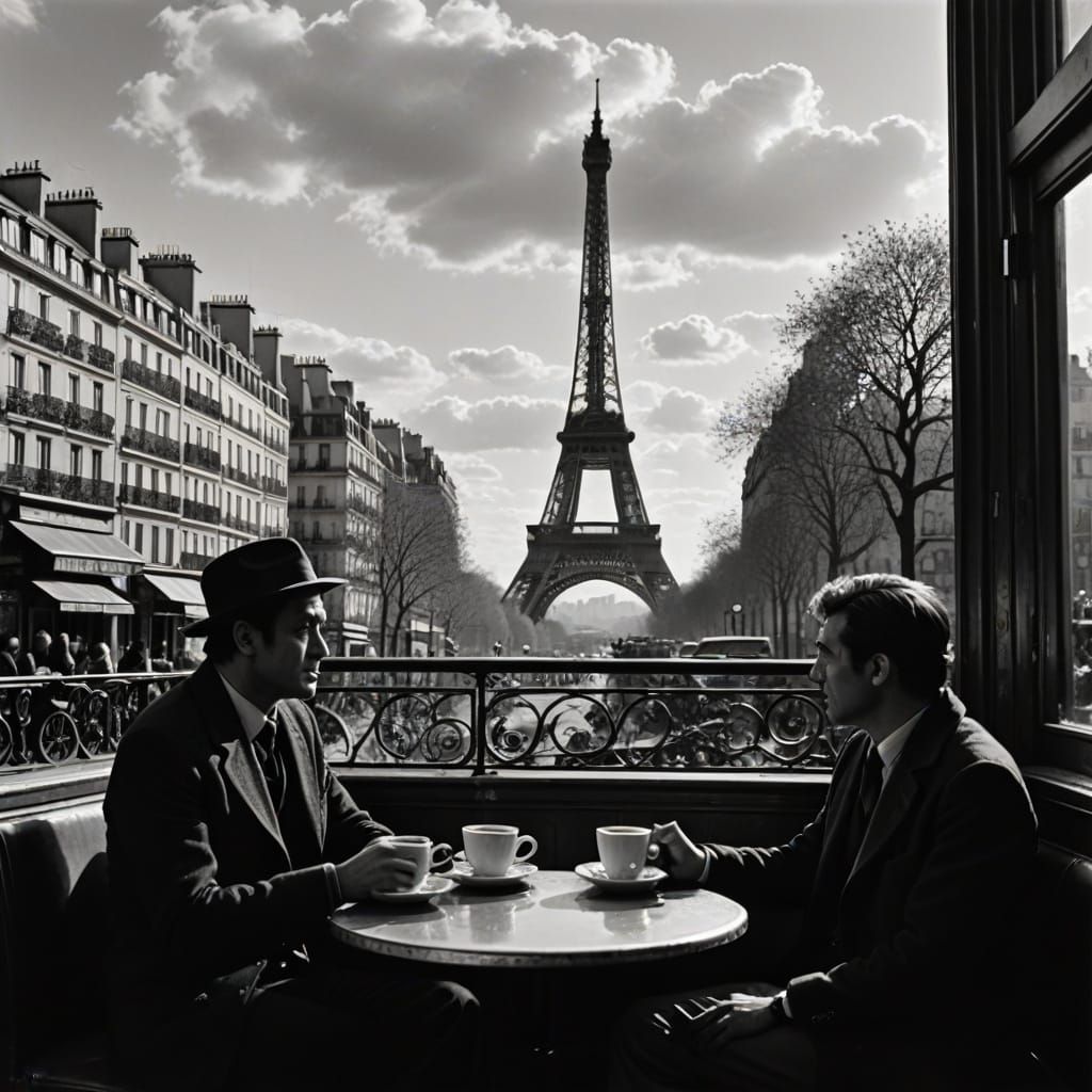 Parisian Noir: Eiffel Tower Rises Above Coffee House