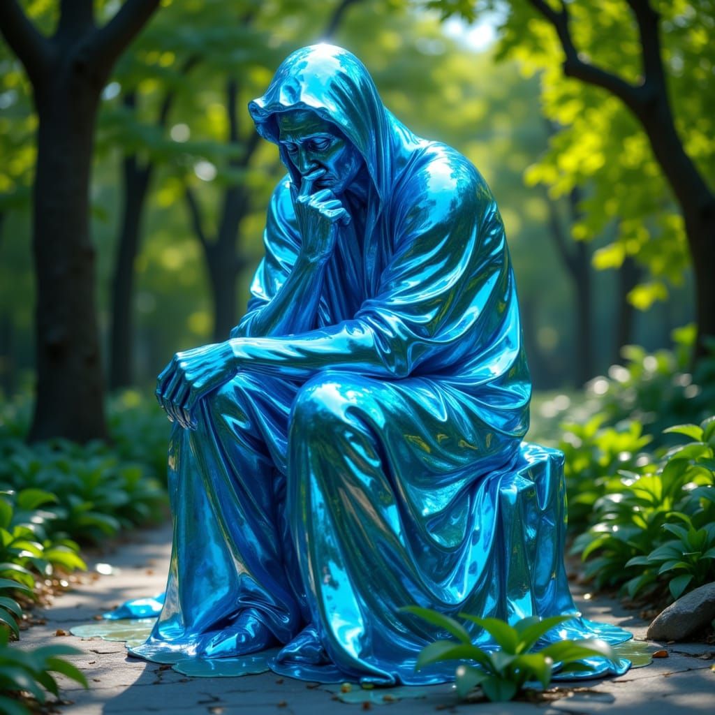 The Thinker in Shimmering Blue Robes in Park