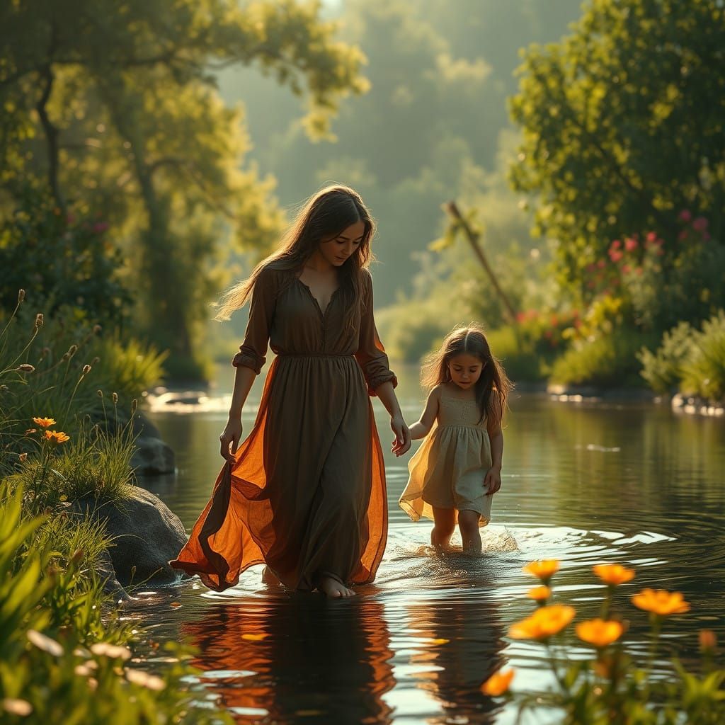 Mother and Daughter in Whimsical River Escape