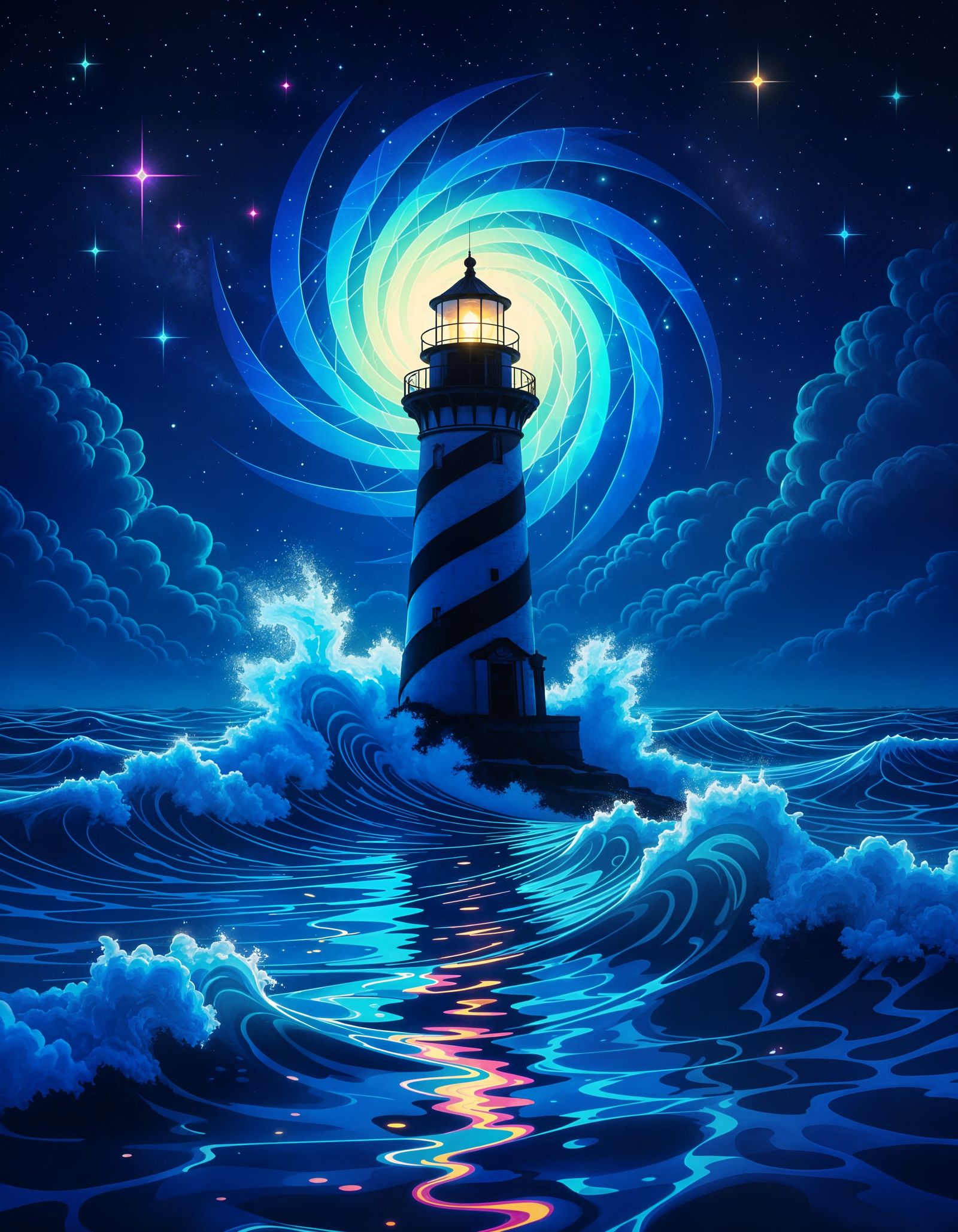 Surreal Lighthouse Portal in Neon Noir Style