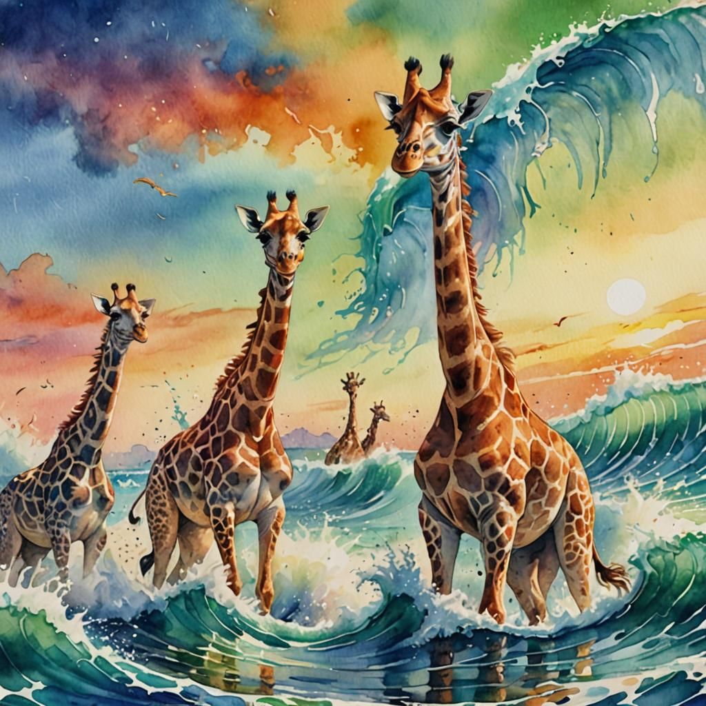 Giraffe Surfing a Wave in Watercolor Style