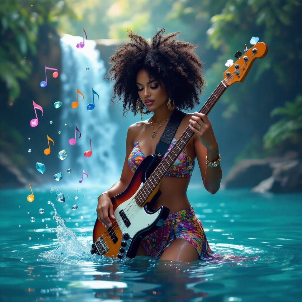 Afro-Latina Bassist Plays Guitar Amidst Musical Sea Glass