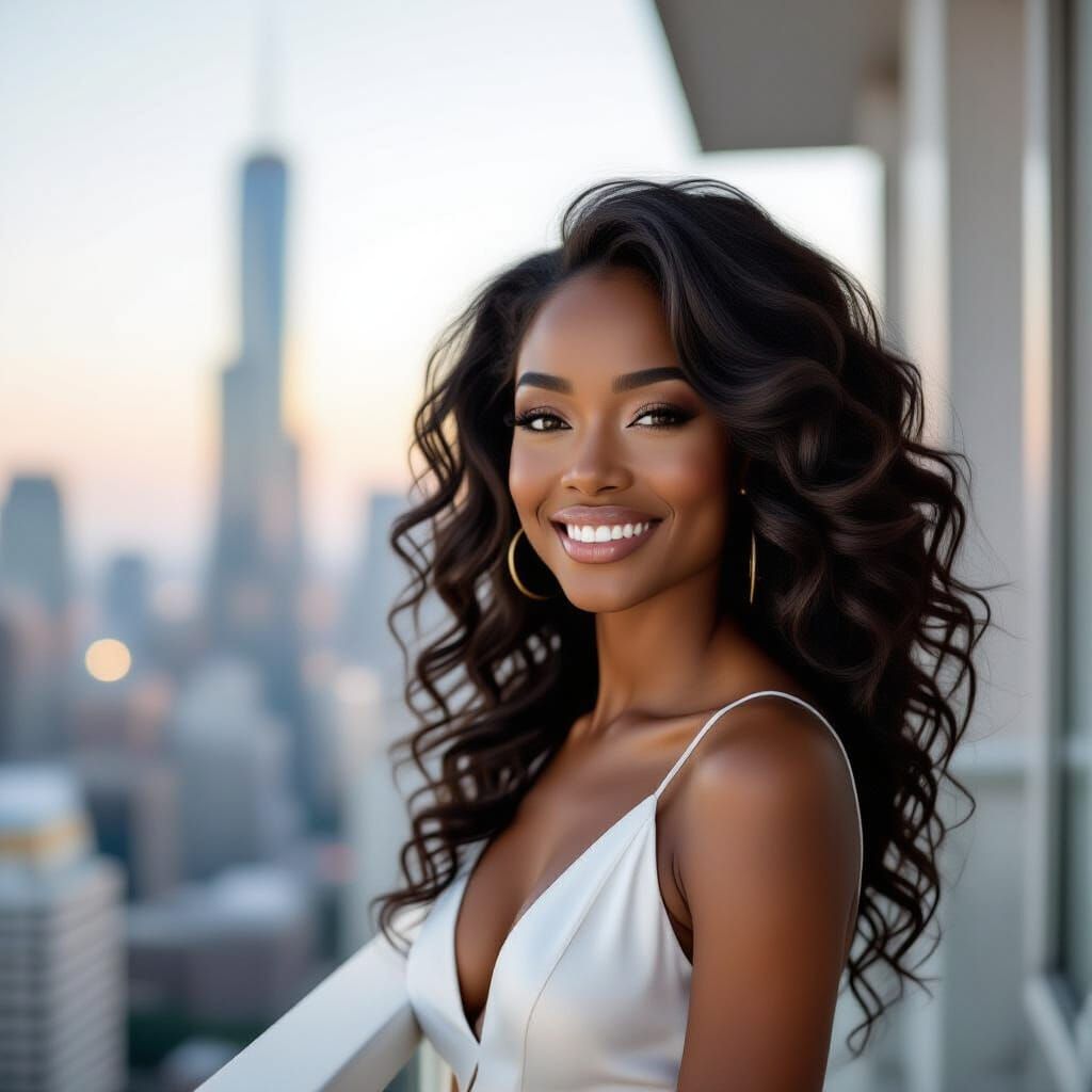 Stunning Black Woman's Portrait: Cityscape at Night