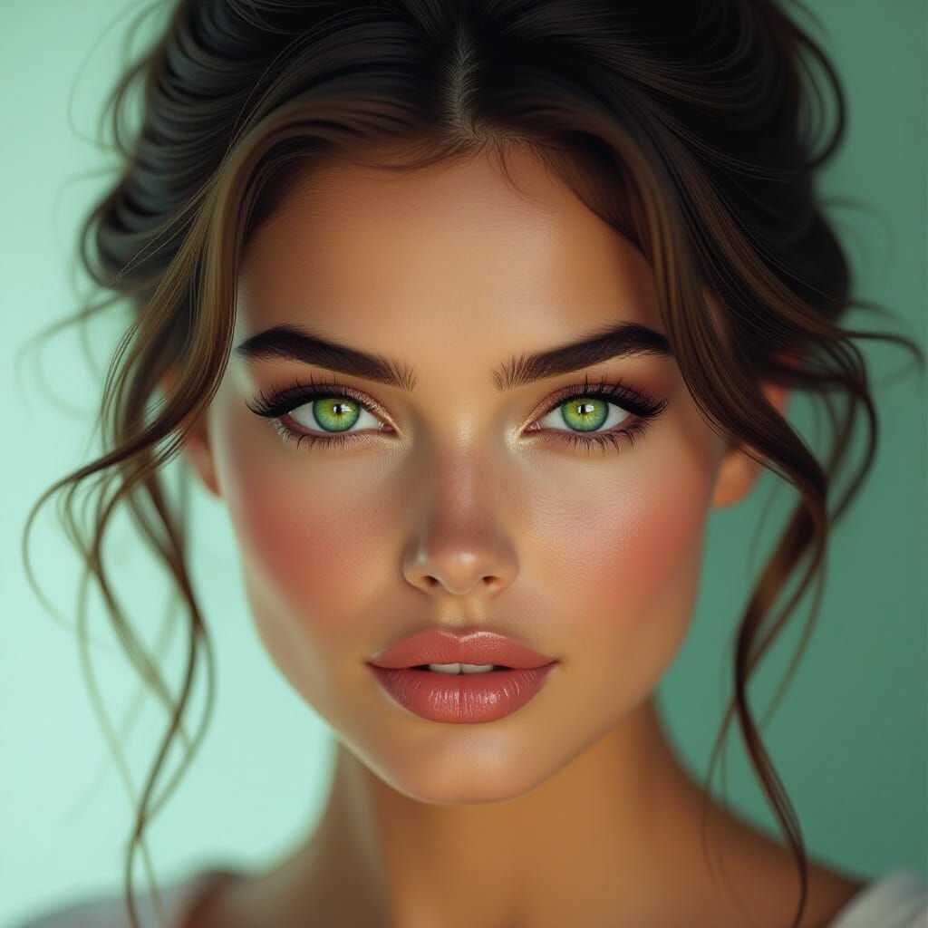 Green-Eyed Woman with High Cheekbones in Hyperrealistic Styl...