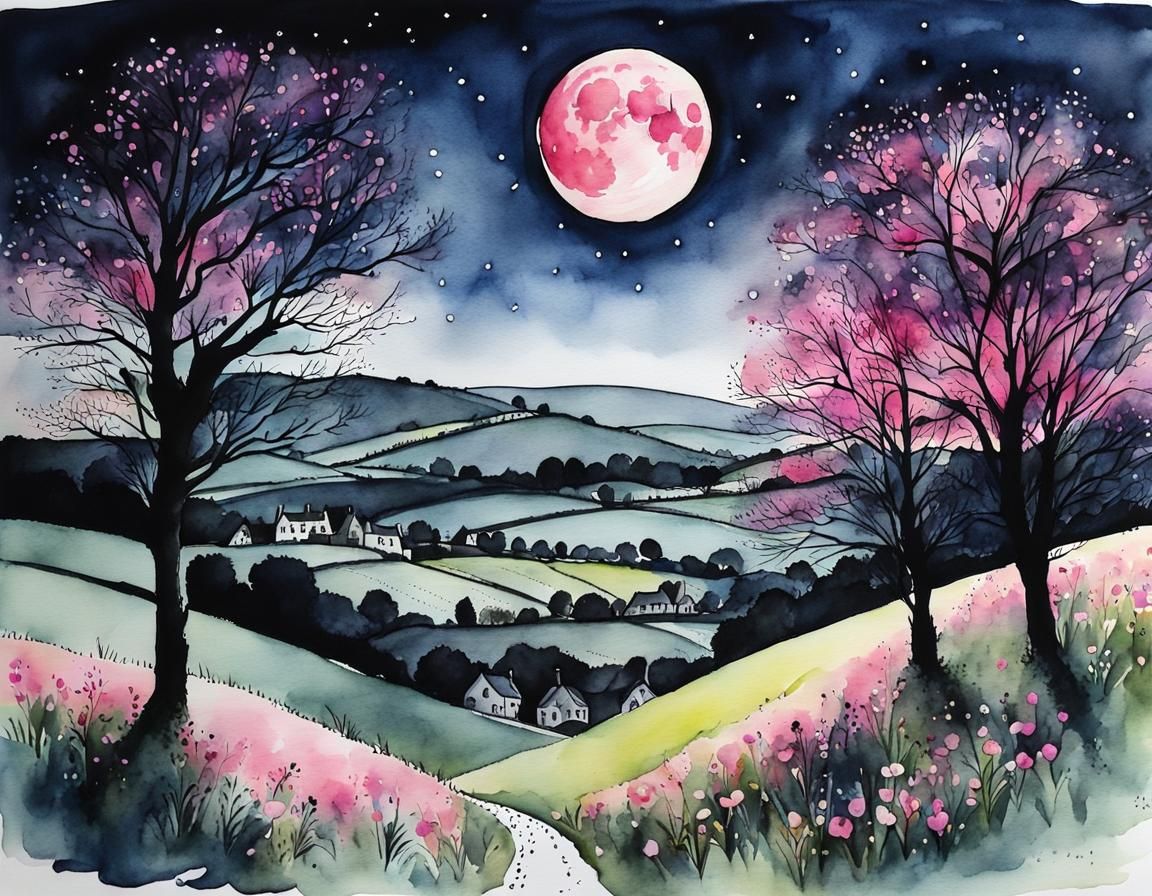 Pink Moon Over Cotswolds: Watercolor and Ink