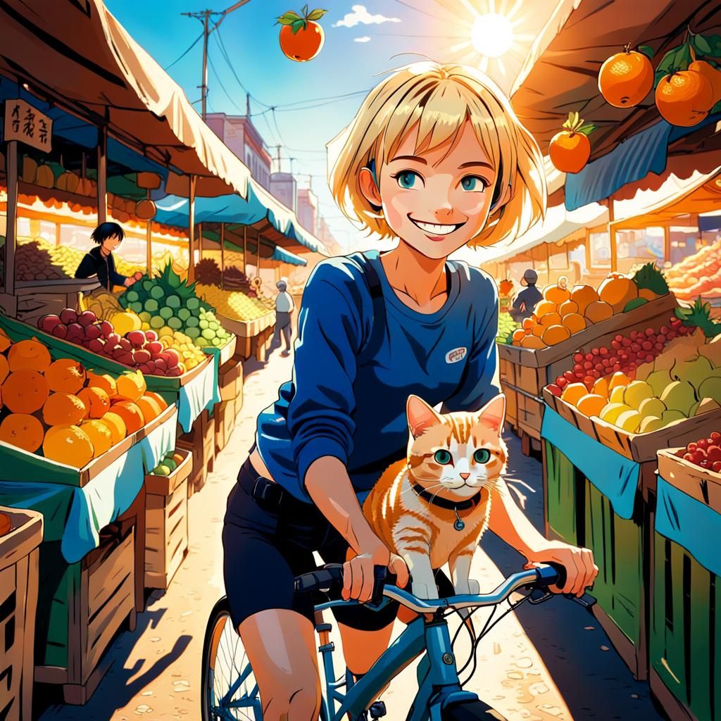 Anime-Style Young Woman Rides Bike Through Fruit Market