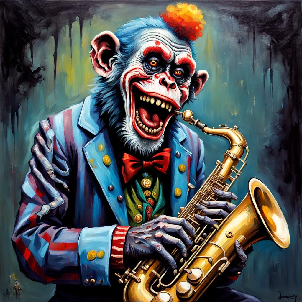 Zombie Monkey Clown Plays Saxophone: Oil Painting
