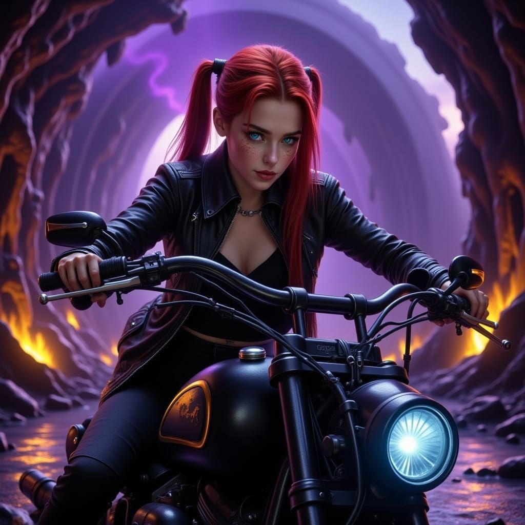 Redhead on Motorcycle in Villain's Lair