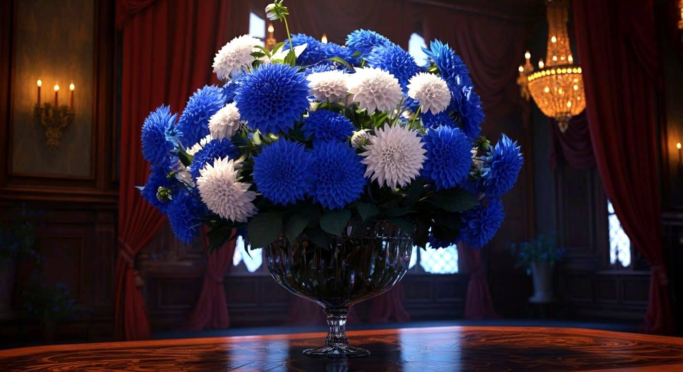 Vibrant Blue and White Dahlias in 3D Anime Art