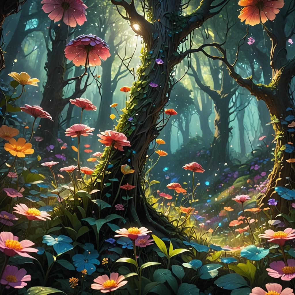 Mystical Garden: Iridescent Flowers in Matte Painting Style
