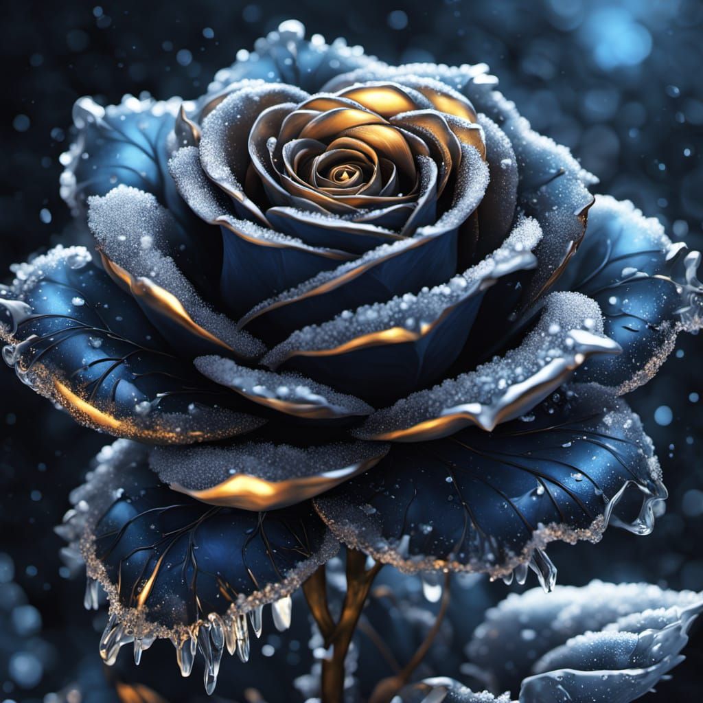 Obsidian Winter Rose with Ice Petals and Golden Fae