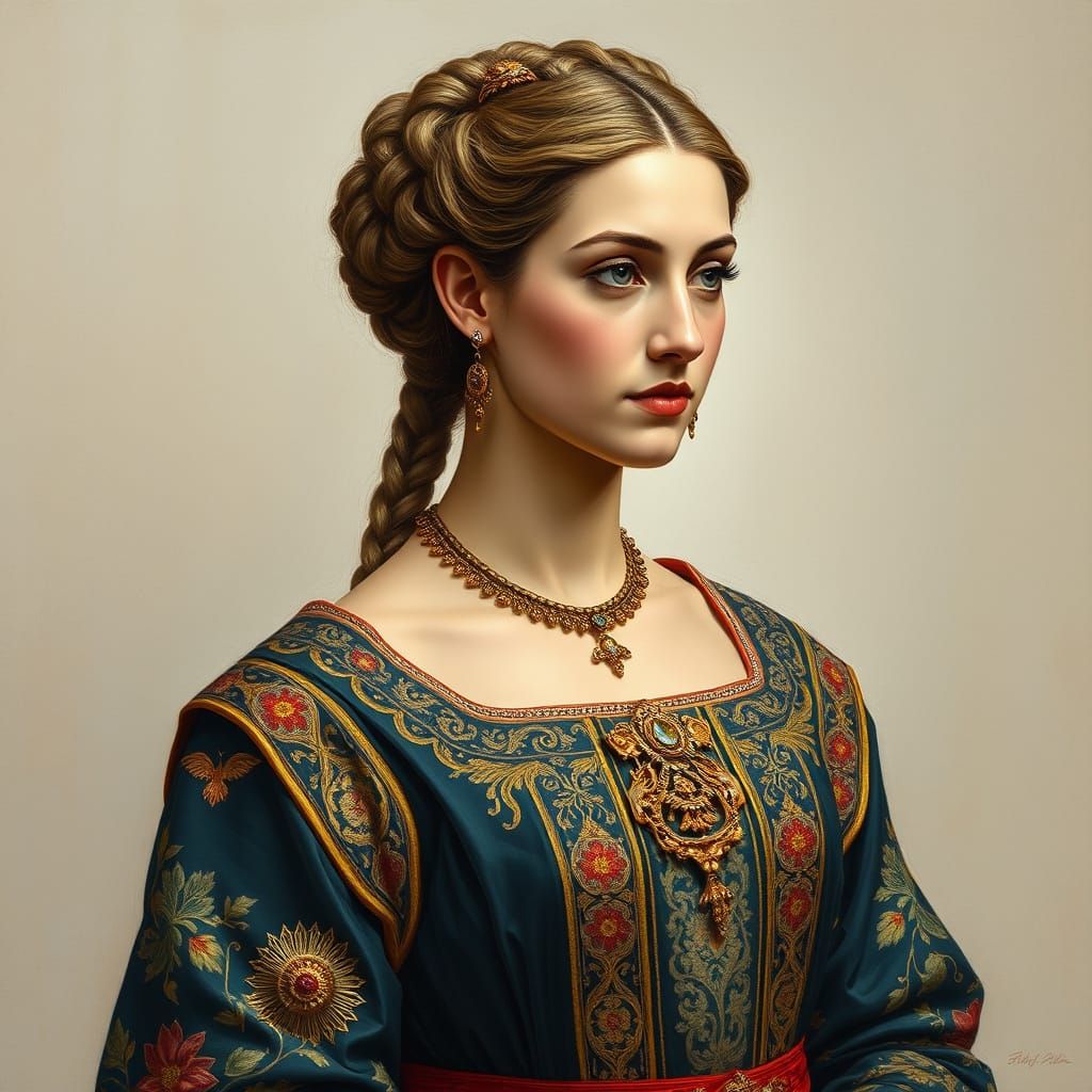 Elegant Byzantine Noblewoman in Intricately Embroidered Gown...