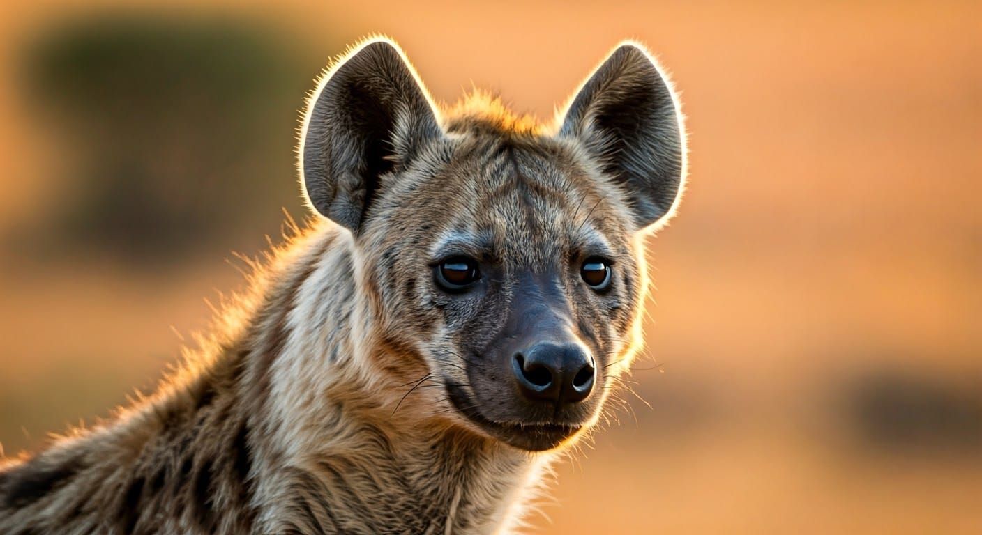 Realistic Brown Hyena Portrait in Golden Savannah Landscape