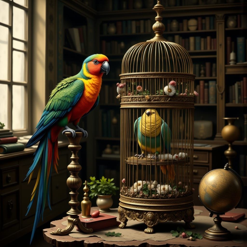 Exotic Bird in Gilded Cage: Oil Painting
