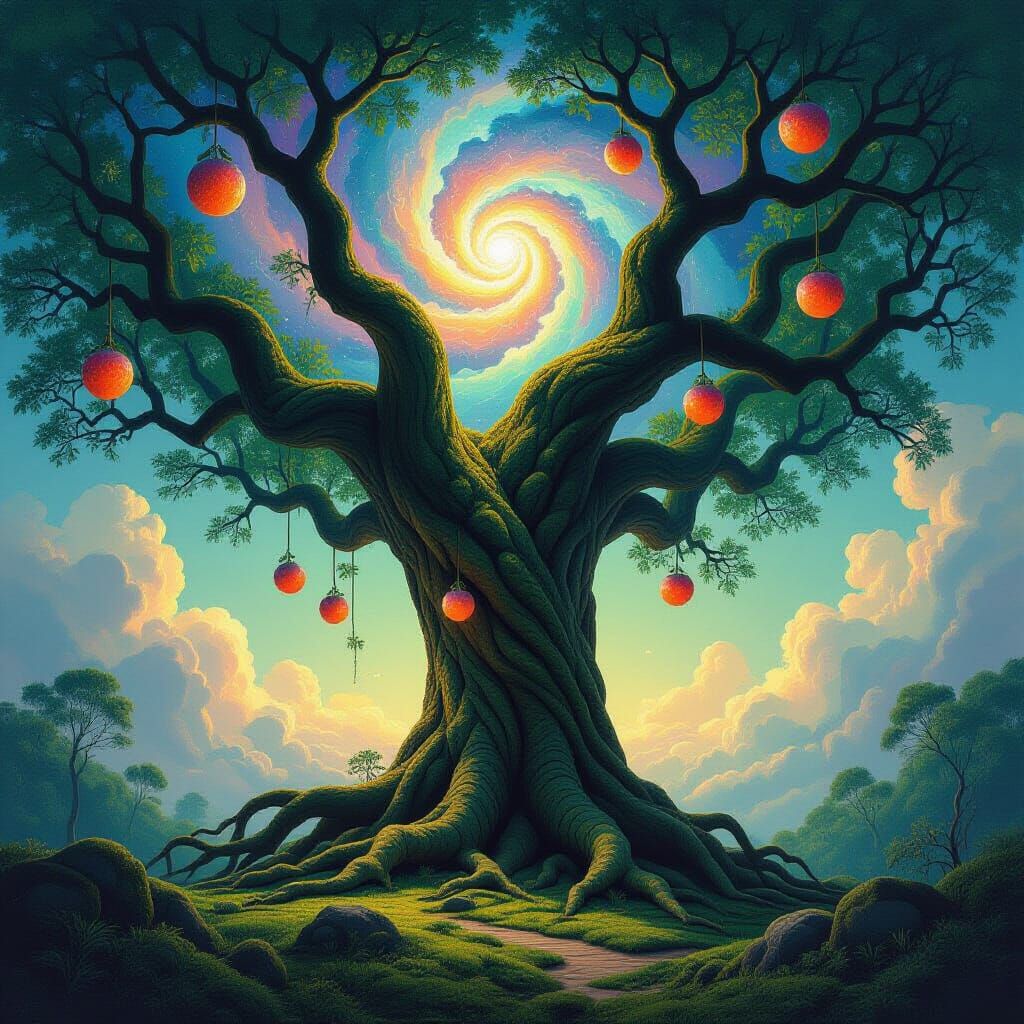 Ancient Tree with Dreamlike Roots and Nebula Sky