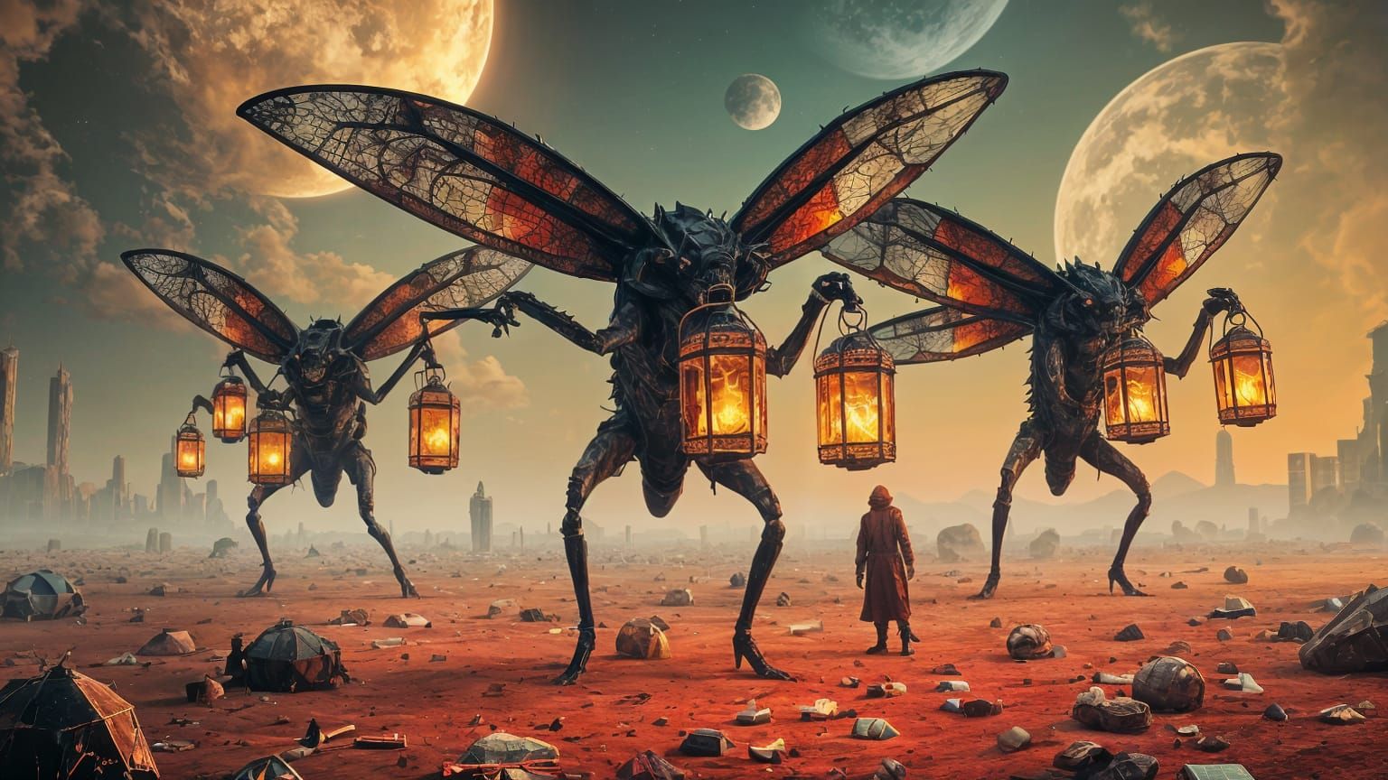 Surreal Insectoids with Lanterns in Dreamscape
