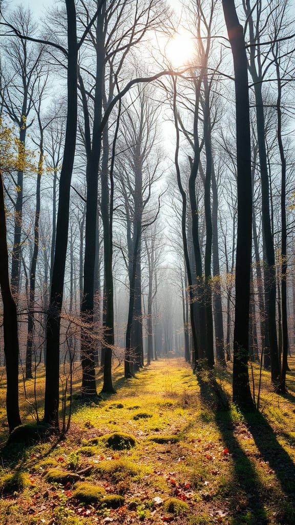 Vibrant Spring Forest Illuminated by Slanting Sunlight