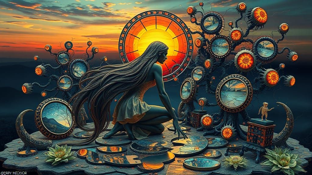 Surreal Bio Art: Woman, Mirror, and Sunset