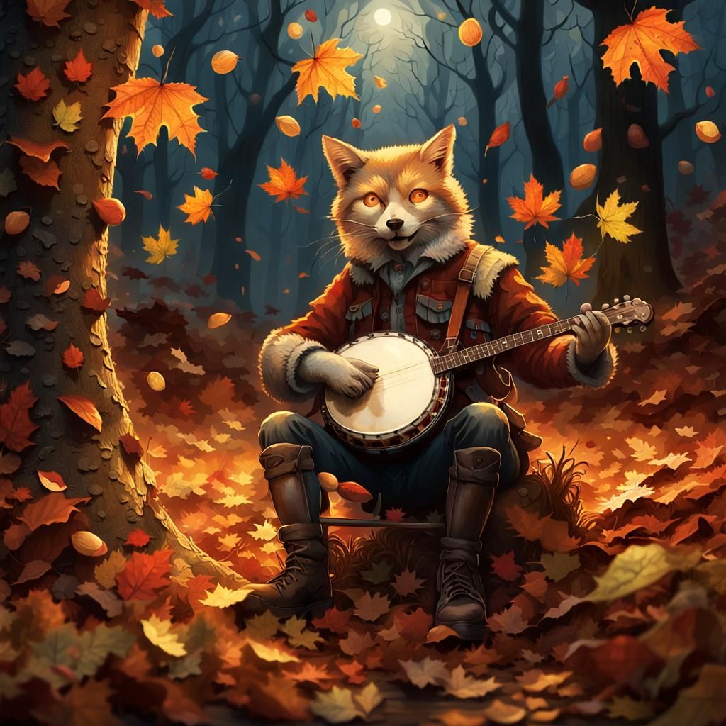 Anthropomorphic Autumn Leaves Serenade Under Harvest Moon