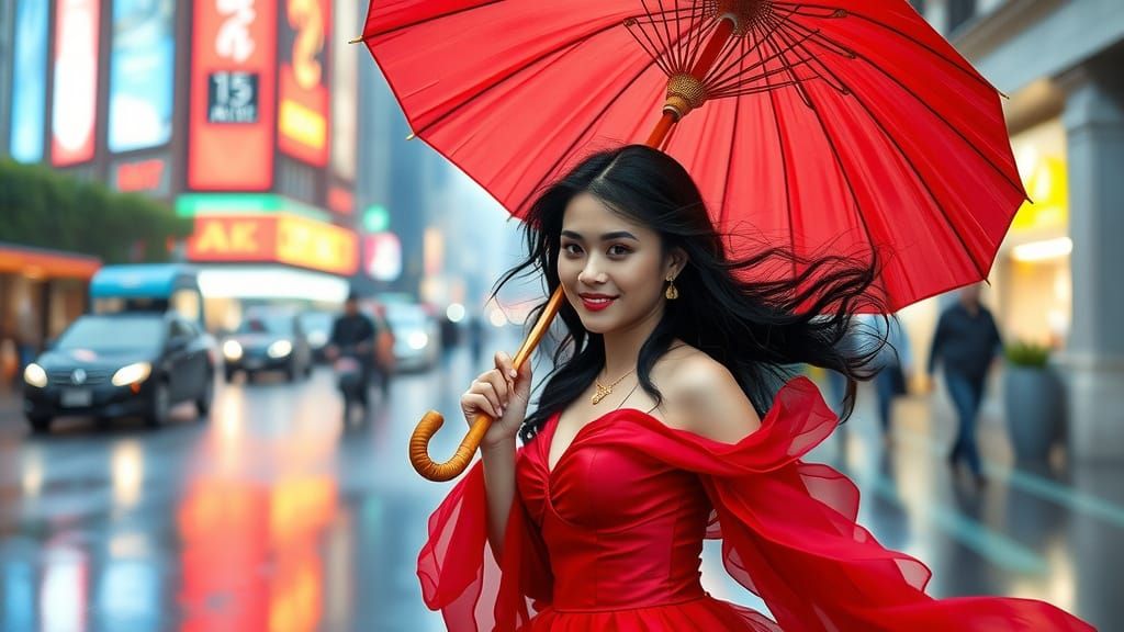Stunning Indonesian Woman in Crimson Dress, Rainy City Stree...