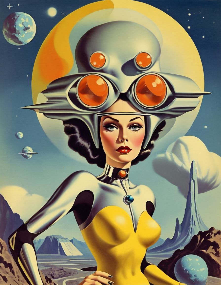Retrofuturistic Sci-Fi Woman in a Dreamlike Setting