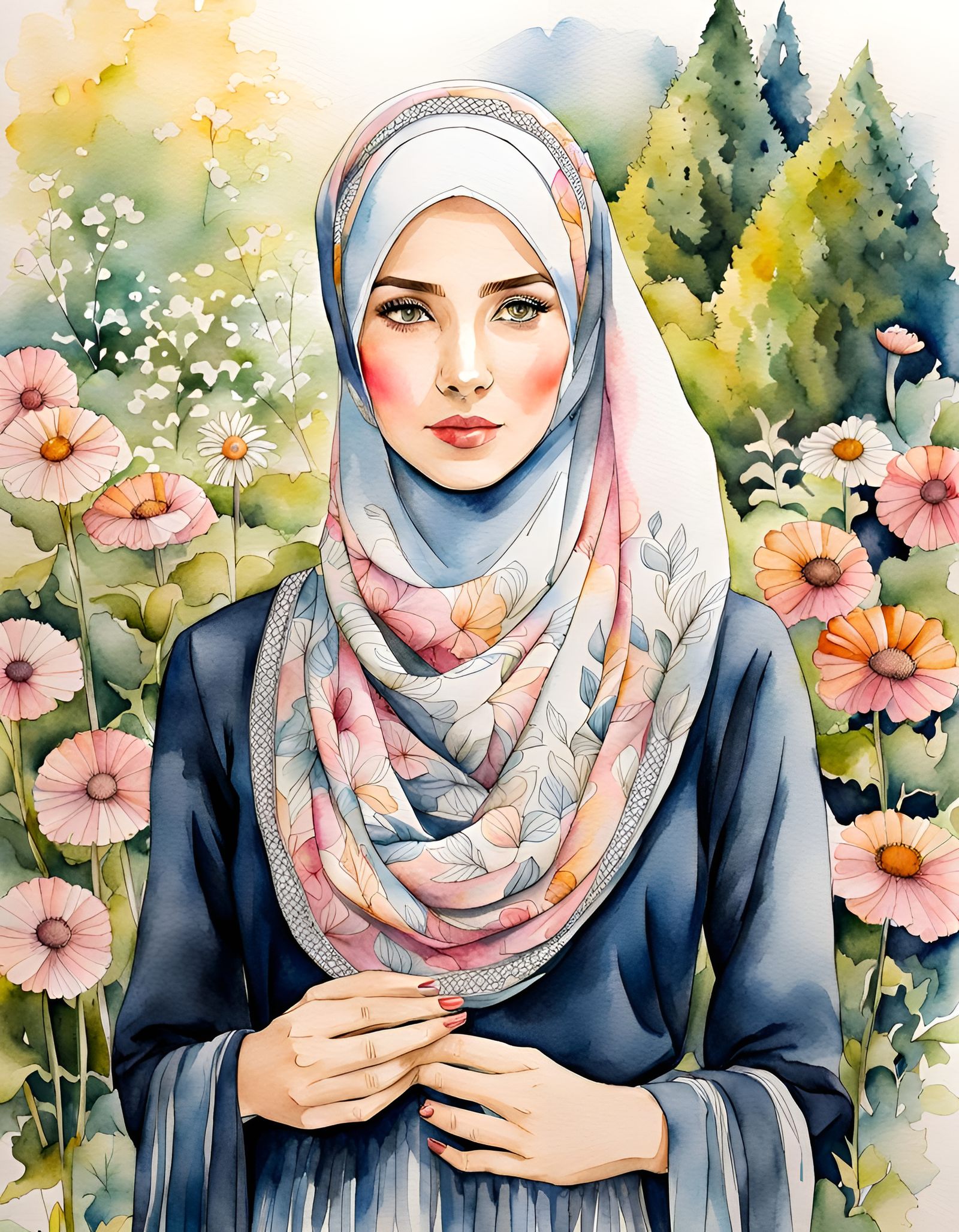 Watercolor of a German Woman in Hijab
