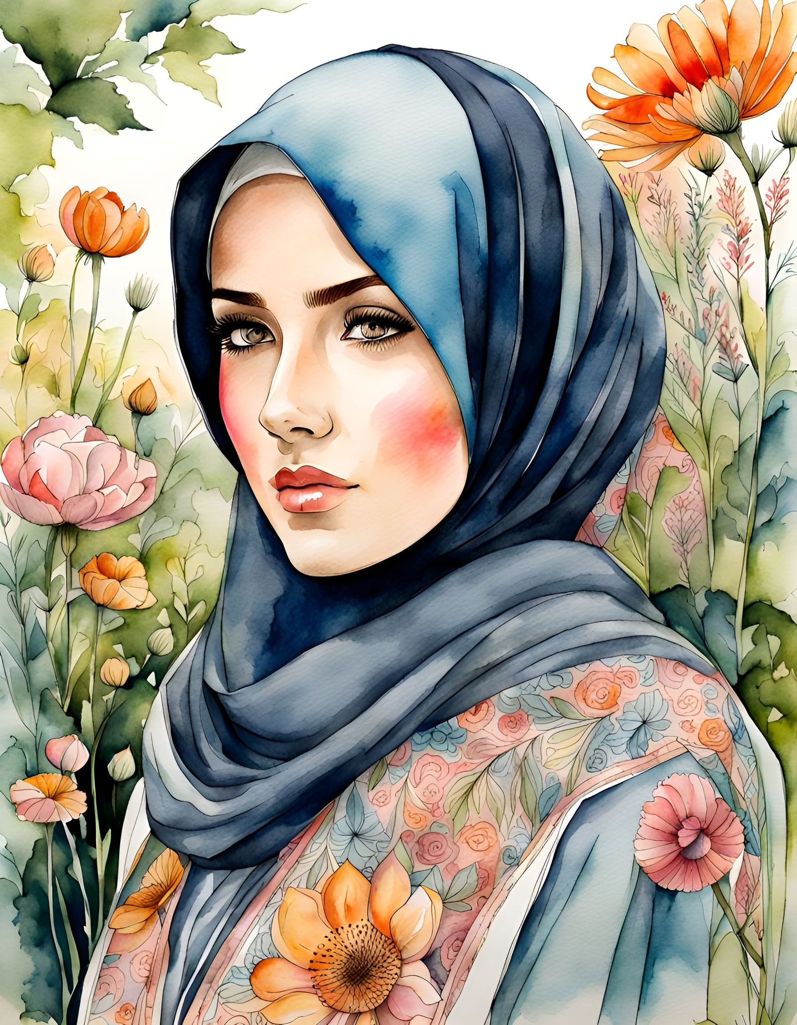 Watercolor Portrait of Woman in Hijab in Garden