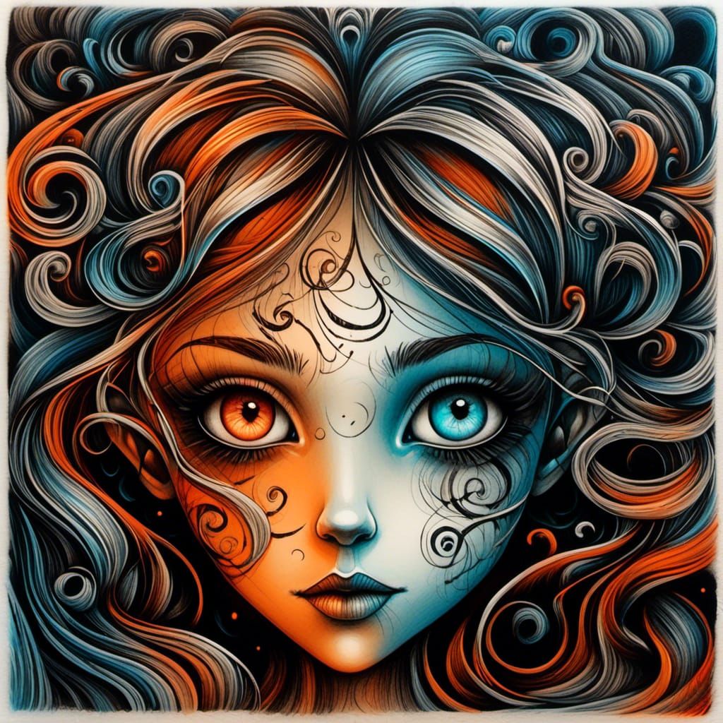 Ethereal Fae Beauty with Heterochromia in Pen and Ink