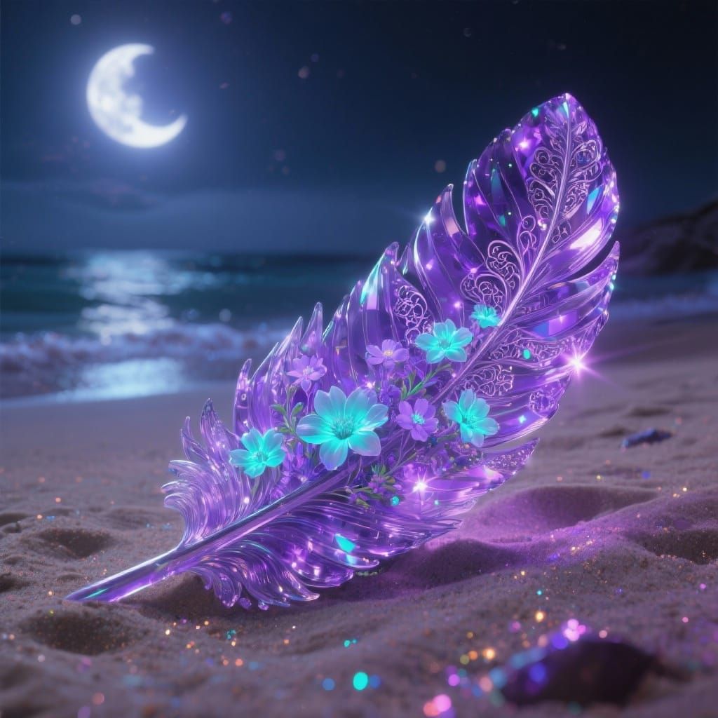 Amethyst Crystal Feather Sculpture on Beach
