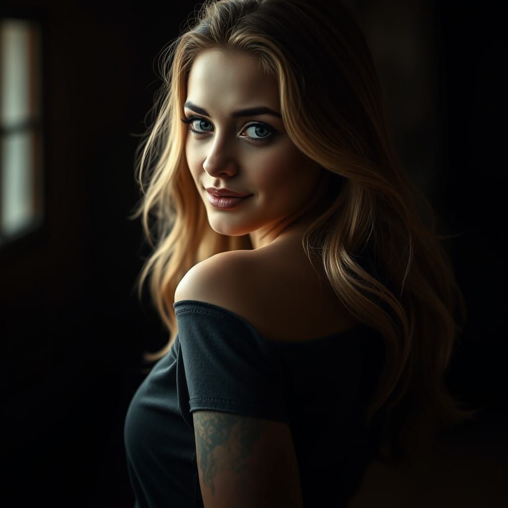 Woman in Jeans Glances Over Shoulder with Confidence