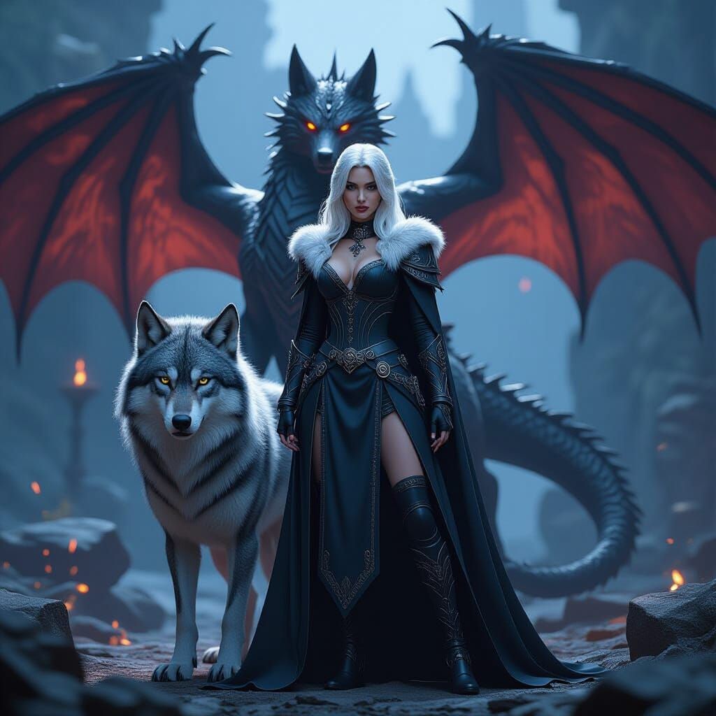 Baddie Princess With Wolf and Dragon in 3D Game Scene