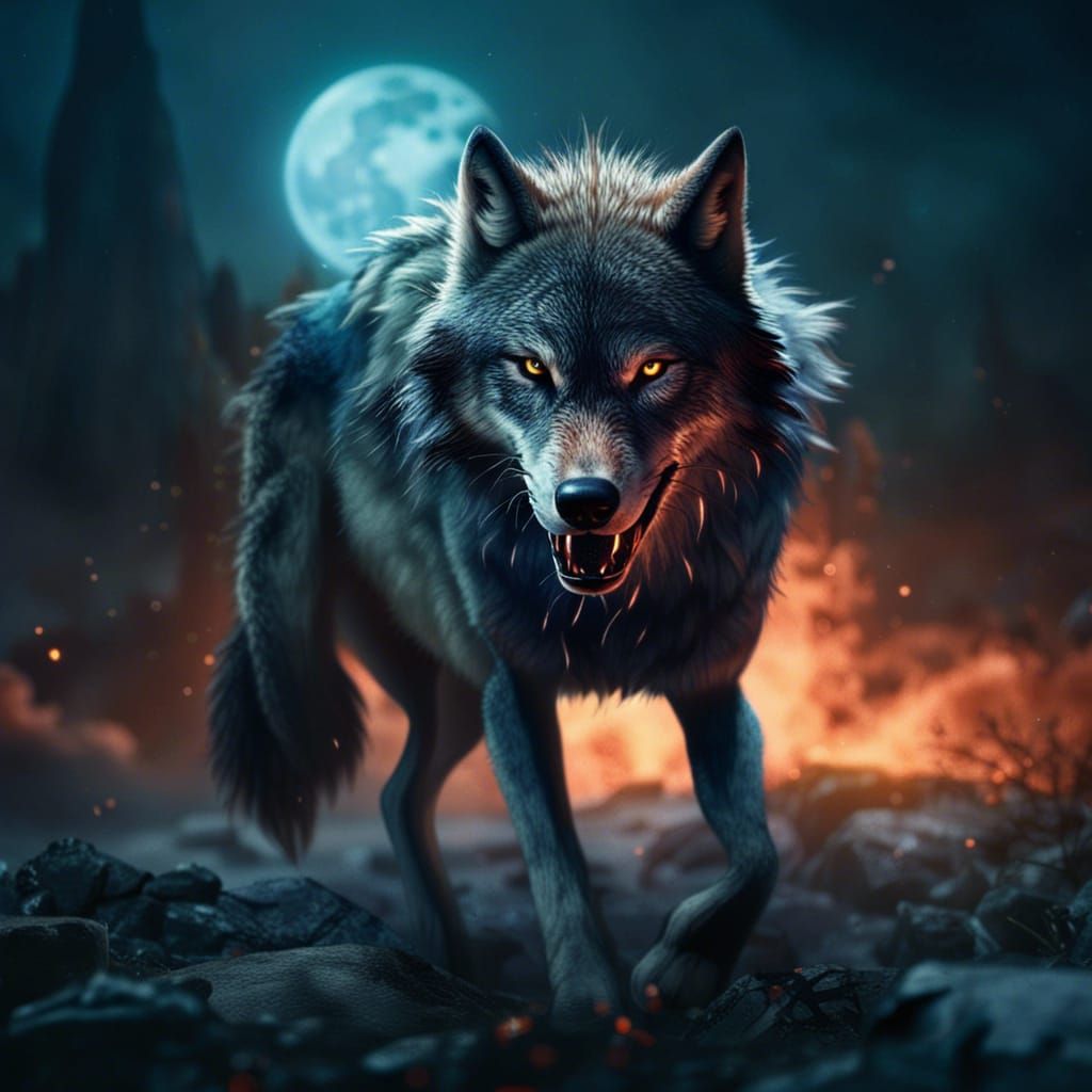 Furious Wolf Ready to Attack in Moonlight