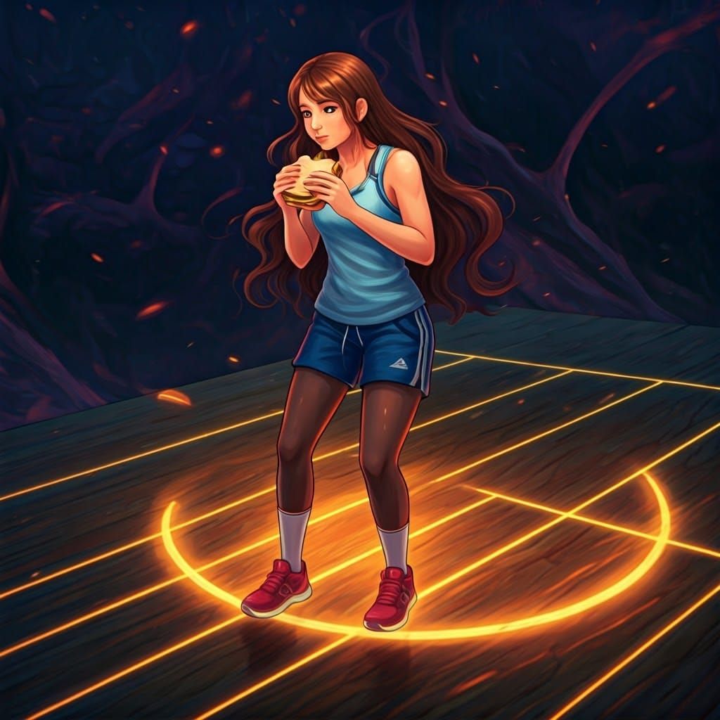 Girl Plays Basketball on Mystical Glowing Court