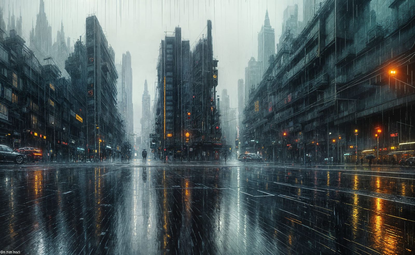 Cyberpunk Night Street in Rainy Impressionist Style