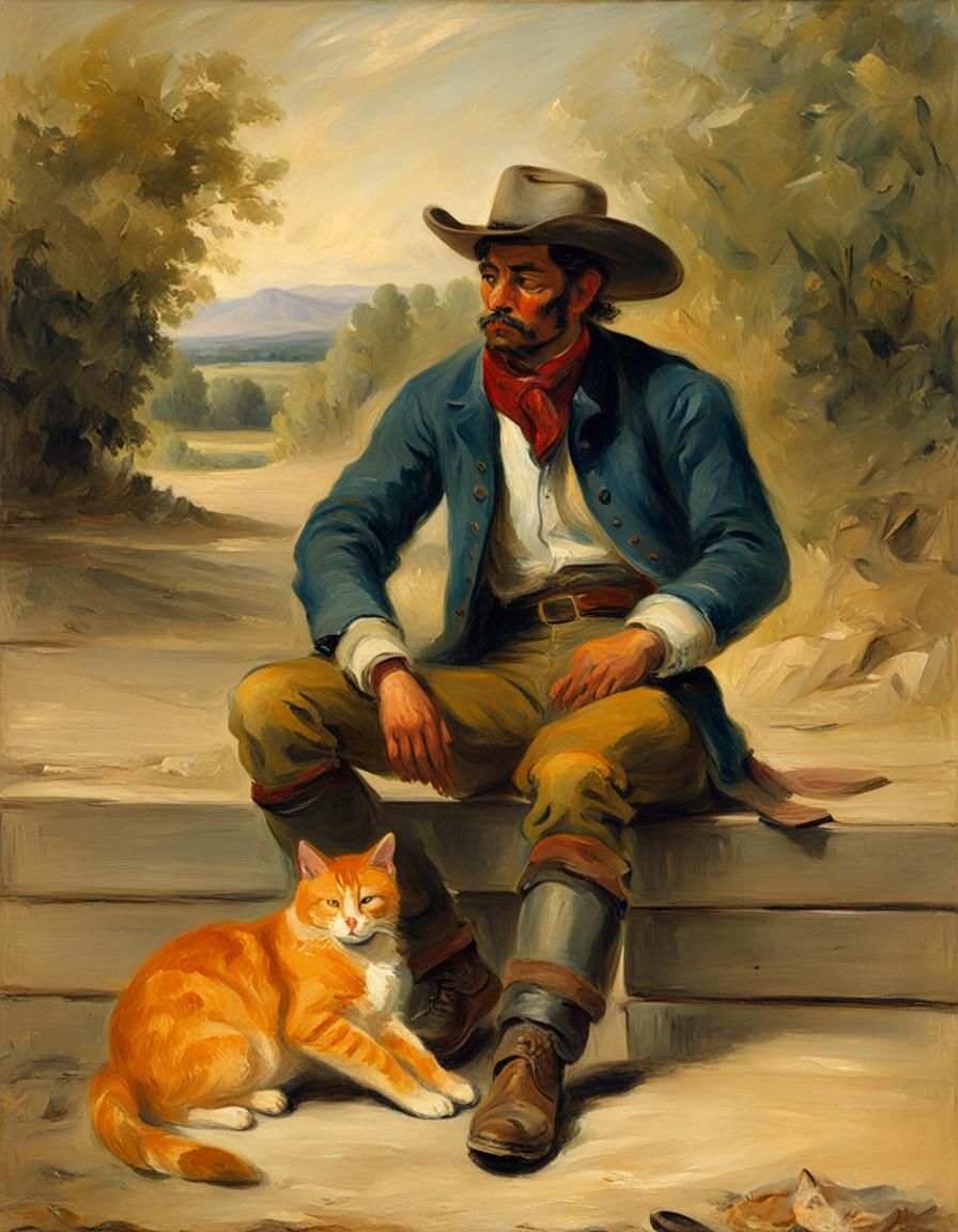 Cowboy and Cat: Romanticism Oil Painting