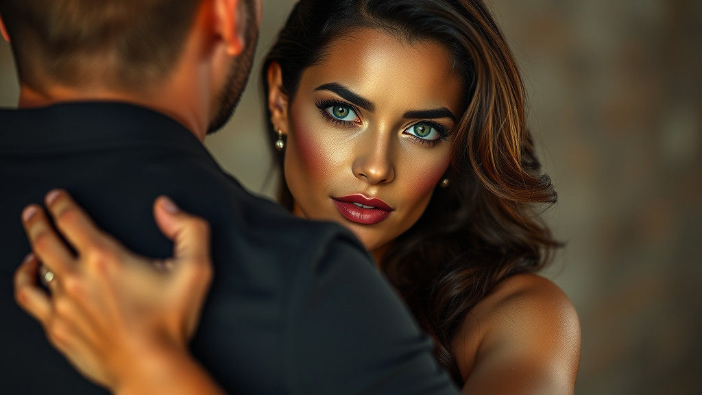 Voluptuous Brunette Lifts Man, Hyperrealistic Portrait