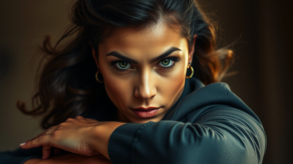 Strong Brunette Woman Carrying Man, Hyperrealistic Image