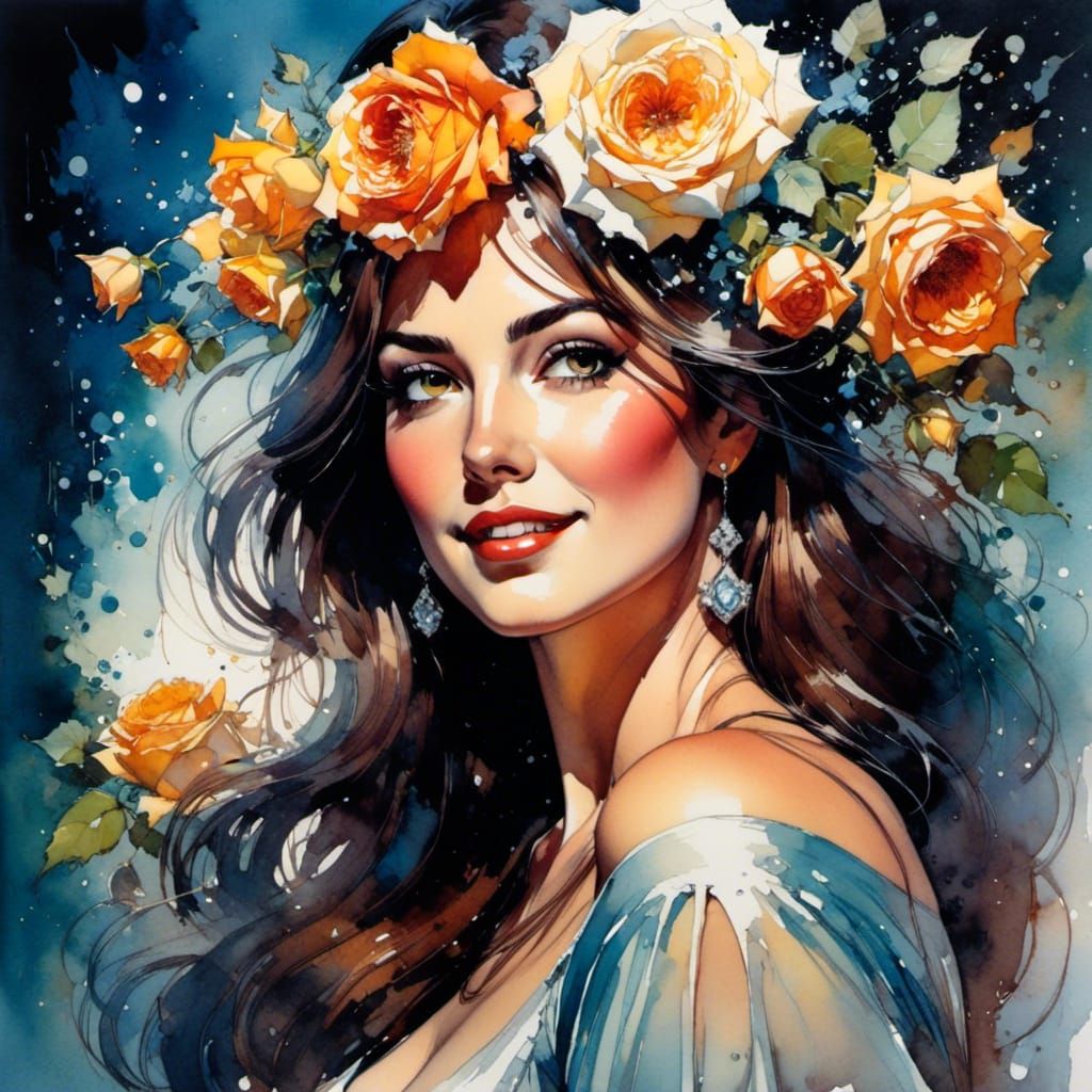 Enchanting Woman with Roses, Pin-Up Style