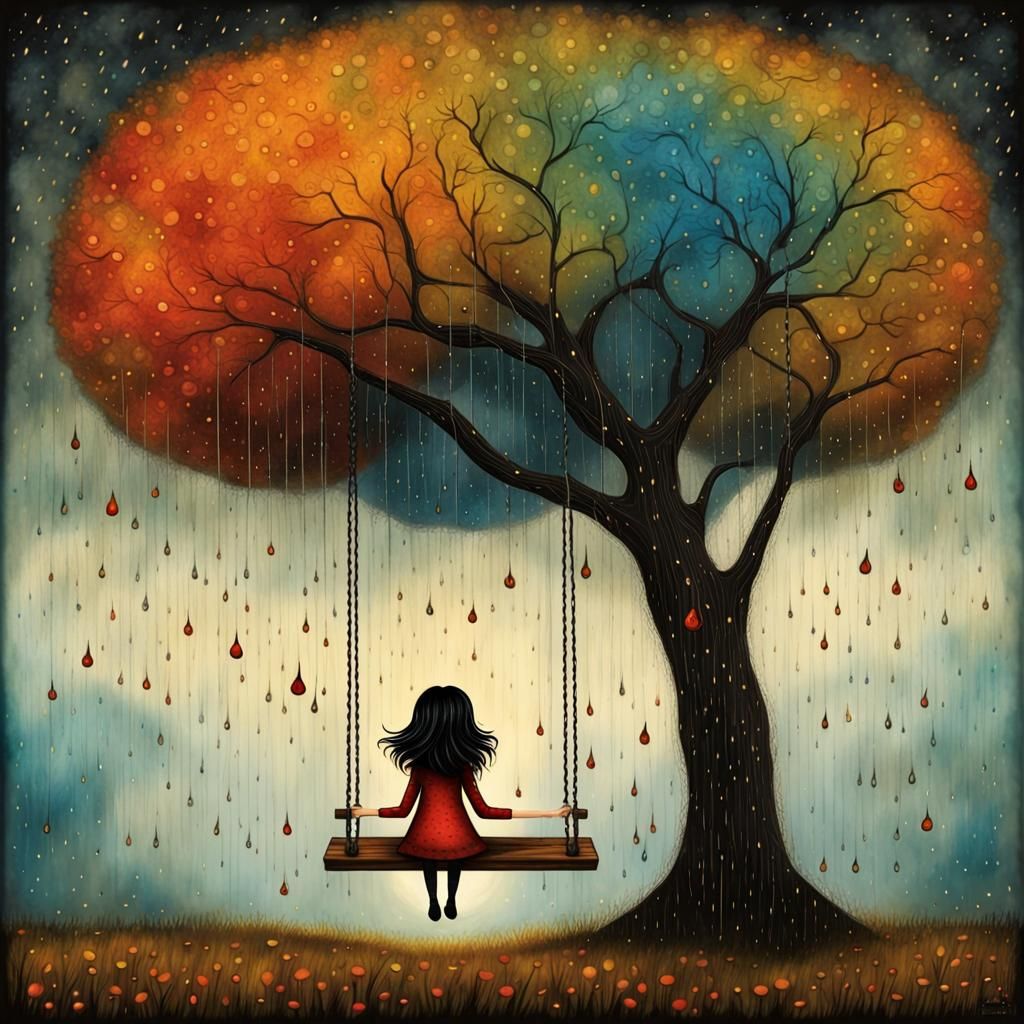 Girl on a Swing: Pop Surrealist Autumn Illustration