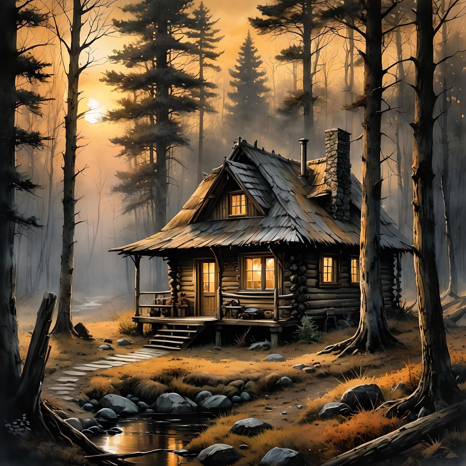 Cabin in Woods at Sunset, Watercolor Style