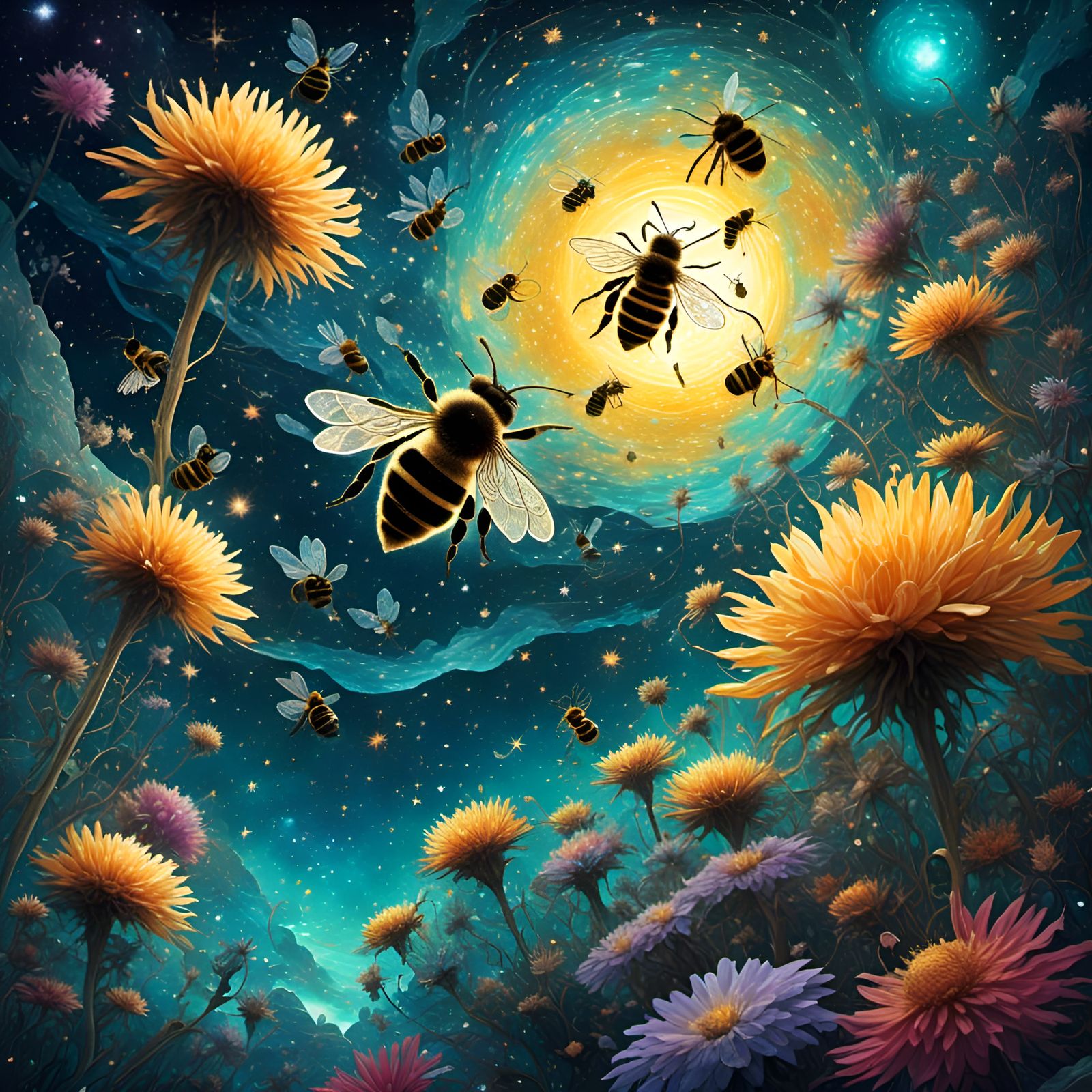 Bees Fertilizing Flowers Under Cosmic Sky