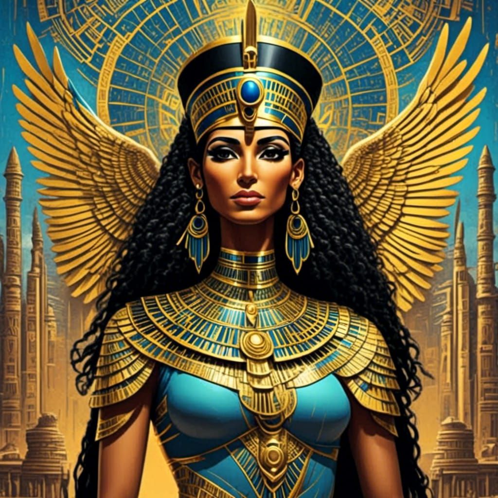 a hyperrealistic portrait of the goddess Isis, she was the wings of a kestrel, stunning details and design <lora:Egyptia...
