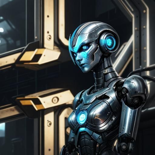 Female Robot: Gleaming Metal in Sci-Fi Industrial Art