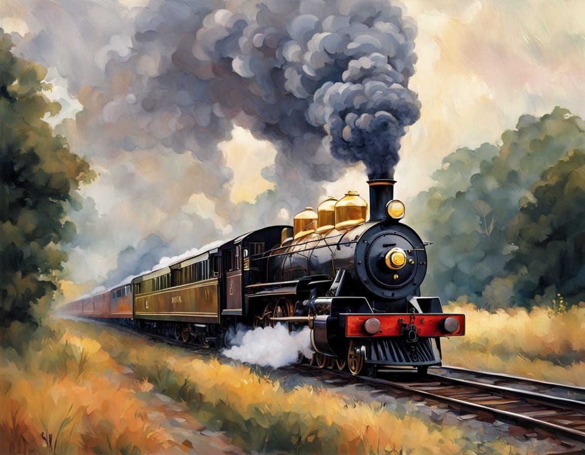 A beautifully crafted steam locomotive, gleaming in polished...