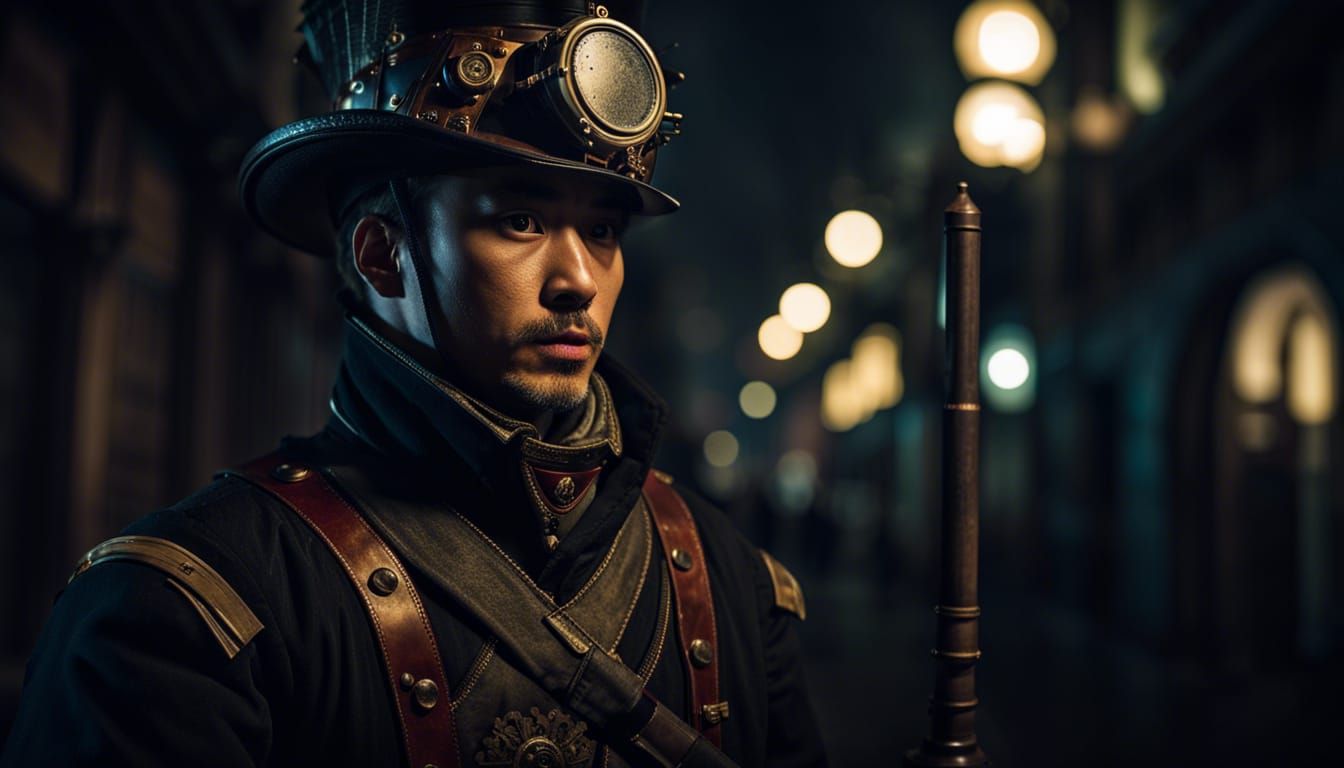 Steampunk Soldier in Shanghai at Night