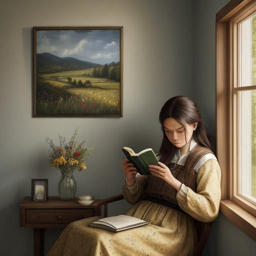 Woman Reading by Window in Oil Painting