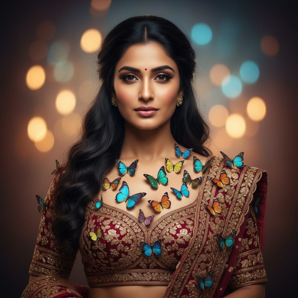 Indian Woman Adorned with Butterflies