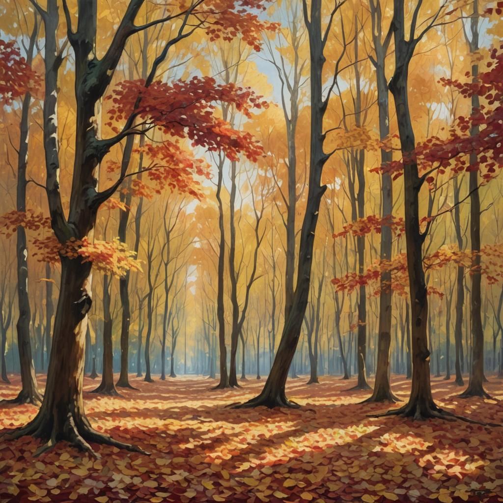 Impressionist Autumn Landscape with Falling Leaves